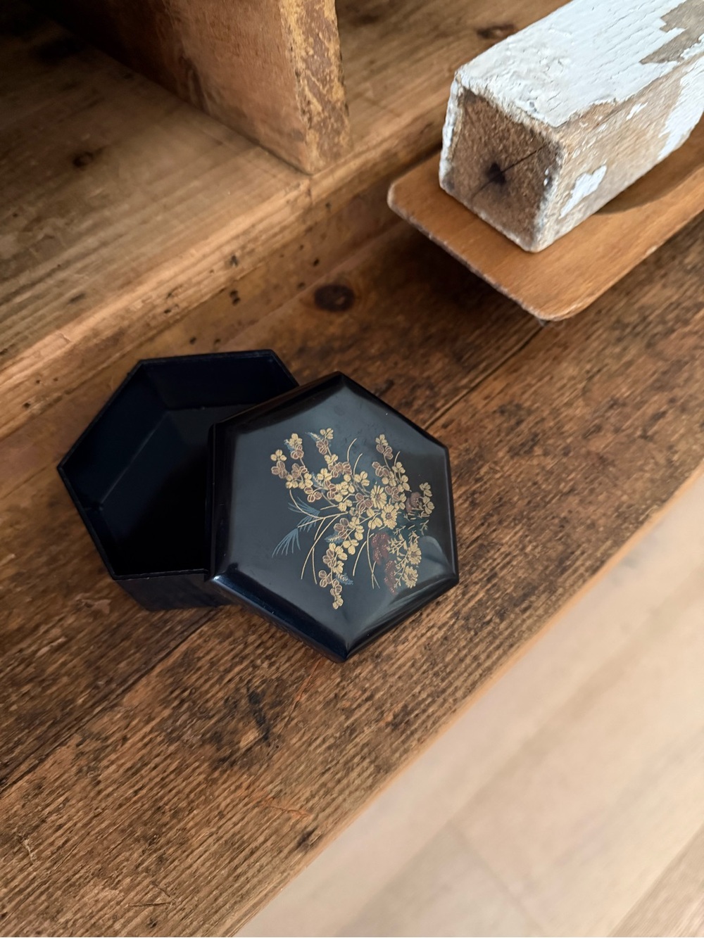 Black Lacquer Hexagonal Decorative  Jewelry Box with Gold Floral Accent